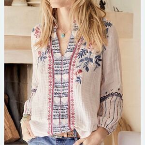 Johnny Was Womens Large Embroidered Boho Peasant Top Floral Long Sleeve Gauze